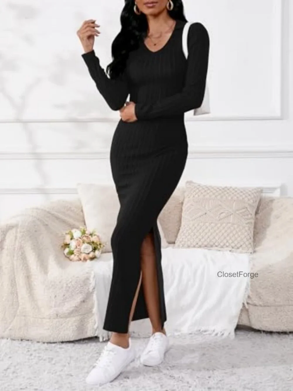 Long Sleeve V Neck Maxi Sweater Dress Sexy Bodycon Ribbed Knit - Picture 5 of 5